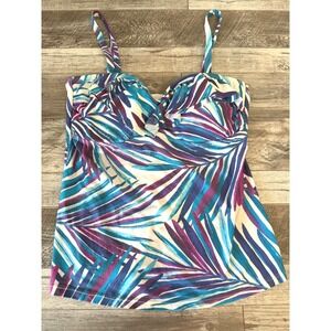 Island Escape‎ Swim Top Tankini Sz 12 Palm Leaf Blue Purple Cruise Beach Resort